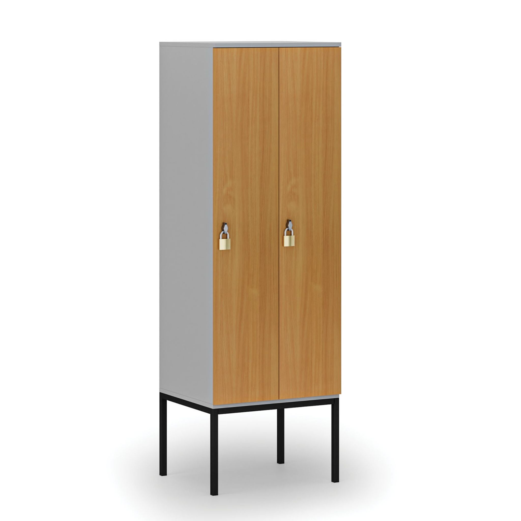 Dřevěná šatní skříňka S4 s podnoží, 2 oddíly, 1871 x 600 x 500 mm, demont, otočný zámek, šedá/buk
