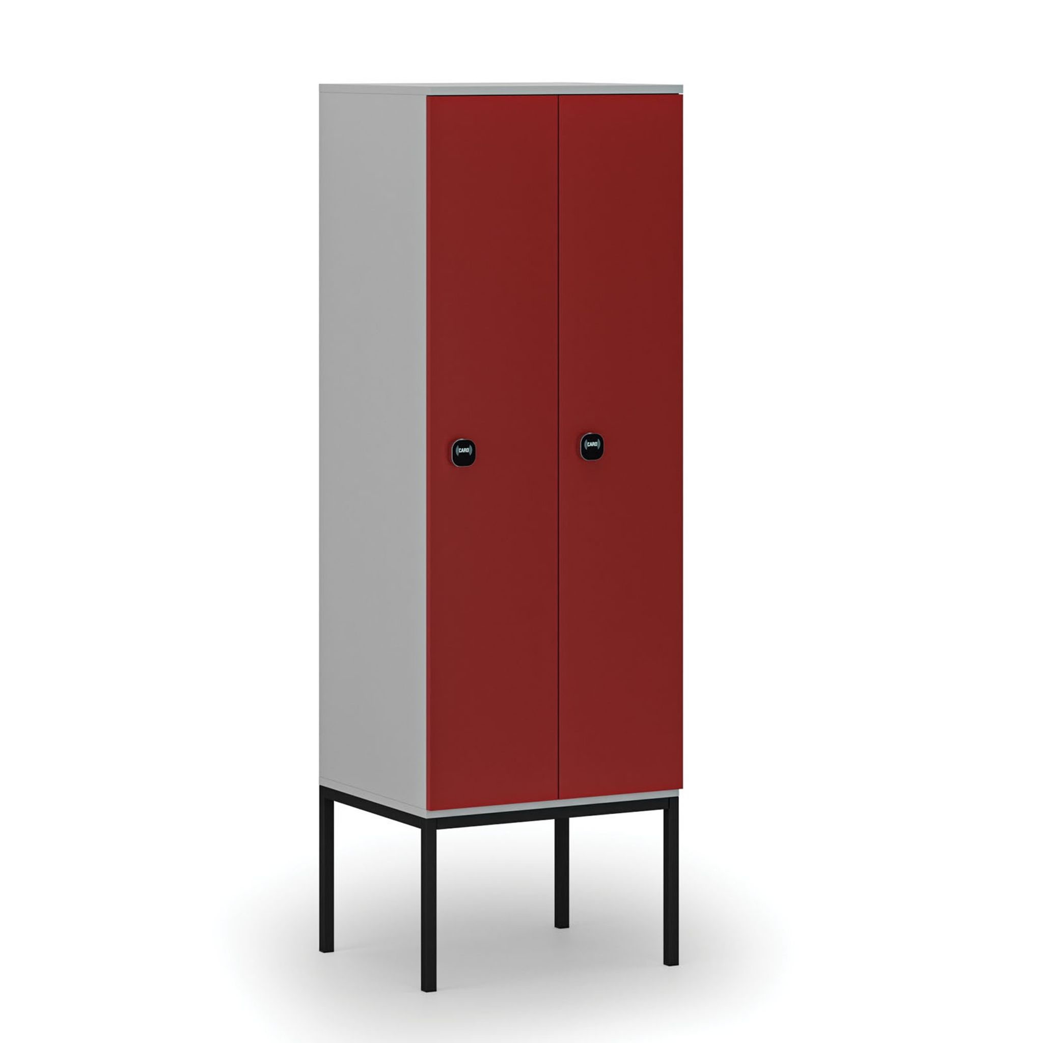 Dřevěná šatní skříňka S4 s podnoží, 2 oddíly, 1871 x 600 x 500 mm, demont, RFID zámek, šedá/červená