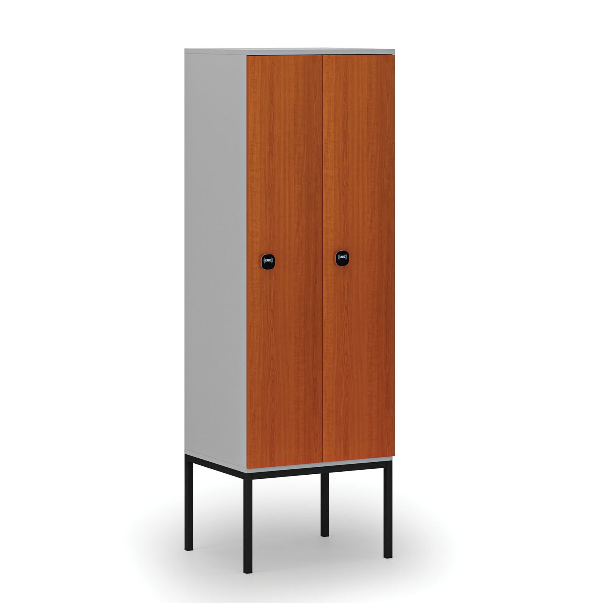 Dřevěná šatní skříňka S4 s podnoží, 2 oddíly, 1871 x 600 x 500 mm, demont, RFID zámek, šedá/třešeň