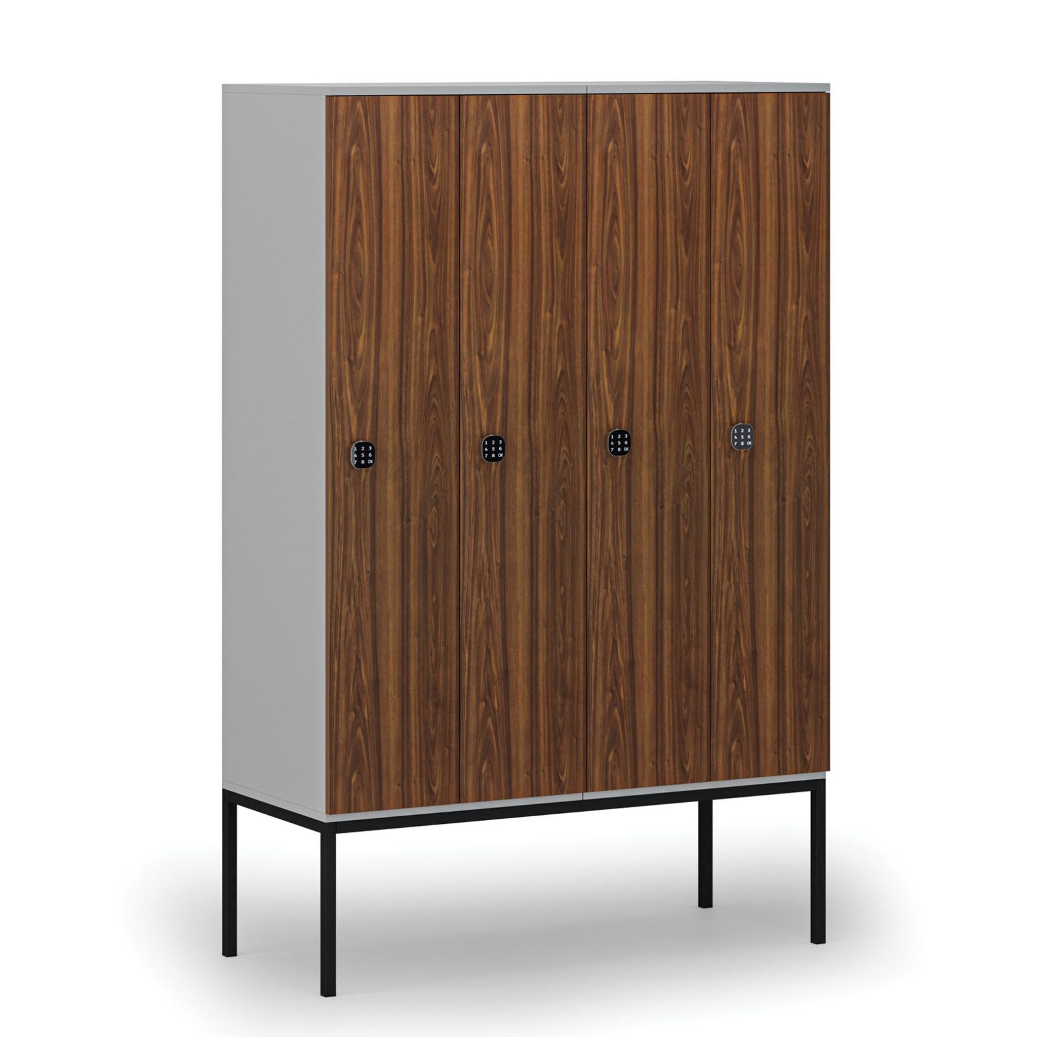 Dřevěná šatní skříňka S4 s podnoží, 4 oddíly, 1871 x 1200 x 500 mm, demont, kódový zámek, šedá/ořech