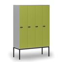 Dřevěná šatní skříňka S4 s podnoží, 4 oddíly, 1871 x 1200 x 500 mm, demont, mechanický kódový zámek, šedá/zelená