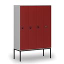 Dřevěná šatní skříňka S4 s podnoží, 4 oddíly, 1871 x 1200 x 500 mm, demont, RFID zámek, šedá/červená