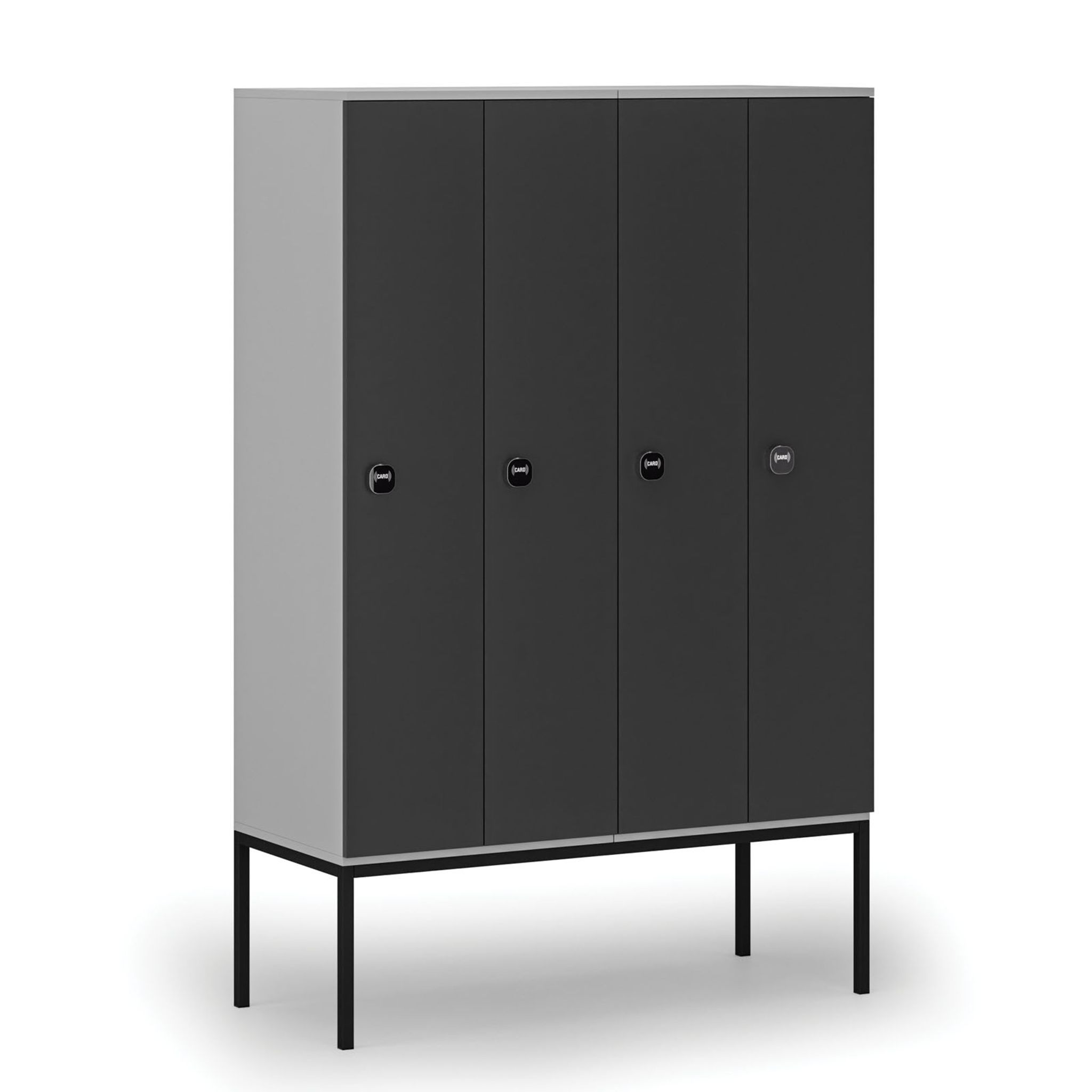 Dřevěná šatní skříňka S4 s podnoží, 4 oddíly, 1871 x 1200 x 500 mm, demont, RFID zámek, šedá/grafit