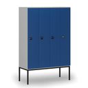 Dřevěná šatní skříňka S4 s podnoží, 4 oddíly, 1871 x 1200 x 500 mm, demont, RFID zámek, šedá/modrá