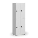 Dřevěná šatní skříňka S4 s úložnými boxy, 4 boxy, demont, kódový zámek, šedá/bílá