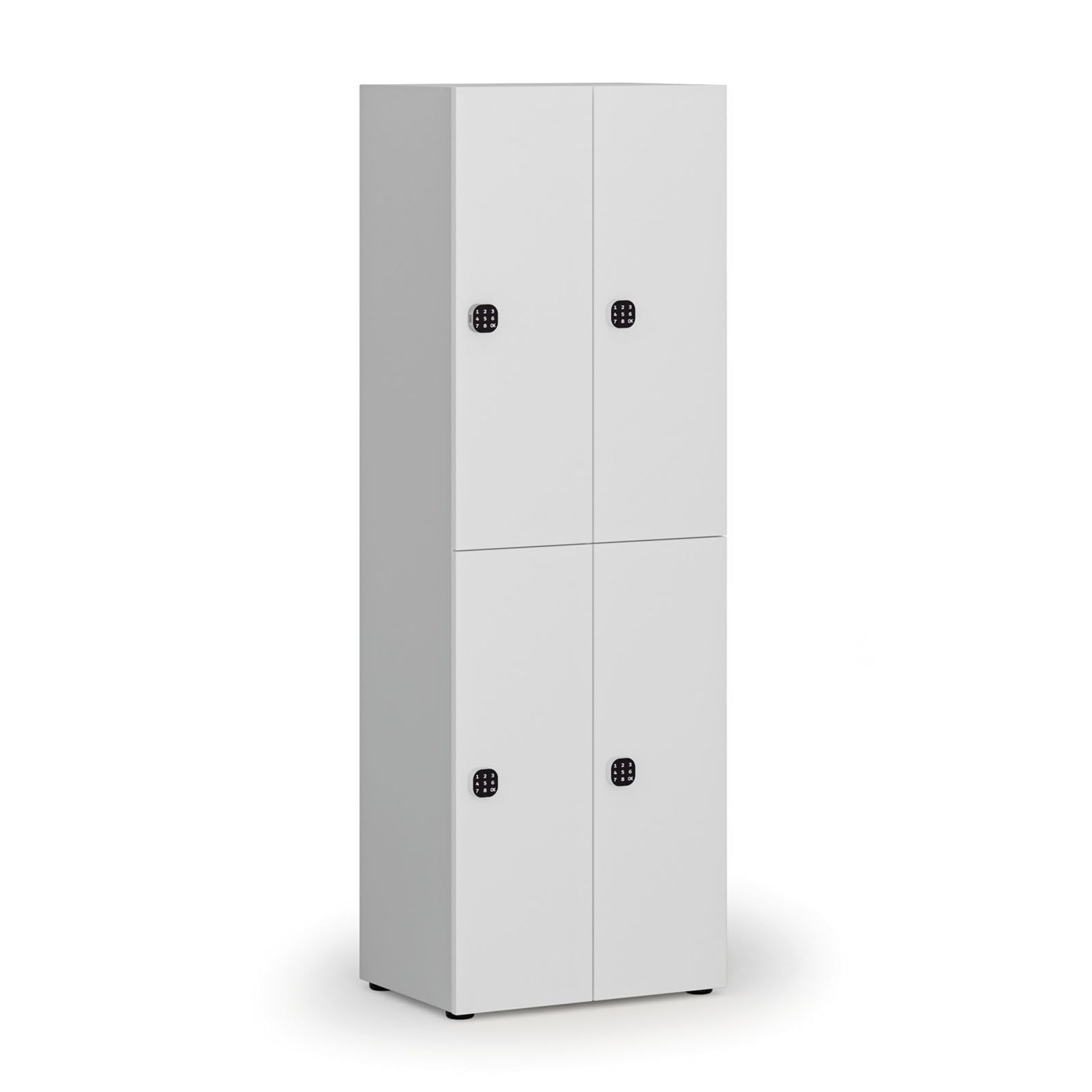 Dřevěná šatní skříňka S4 s úložnými boxy, 4 boxy, demont, kódový zámek, šedá/bílá