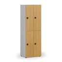 Dřevěná šatní skříňka S4 s úložnými boxy, 4 boxy, demont, kódový zámek, šedá/buk