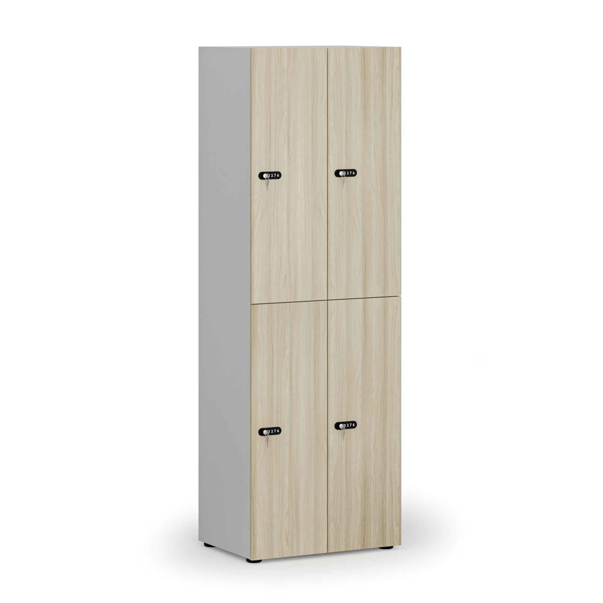 Dřevěná šatní skříňka S4 s úložnými boxy, 4 boxy, demont, mechanický kódový zámek, šedá/dub přírodní