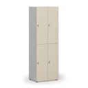 Dřevěná šatní skříňka S4 s úložnými boxy, 4 boxy, demont, otočný zámek, šedá/bříza