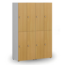 Dřevěná šatní skříňka S4 s úložnými boxy, 4 boxy, demont, otočný zámek, šedá/ořech
