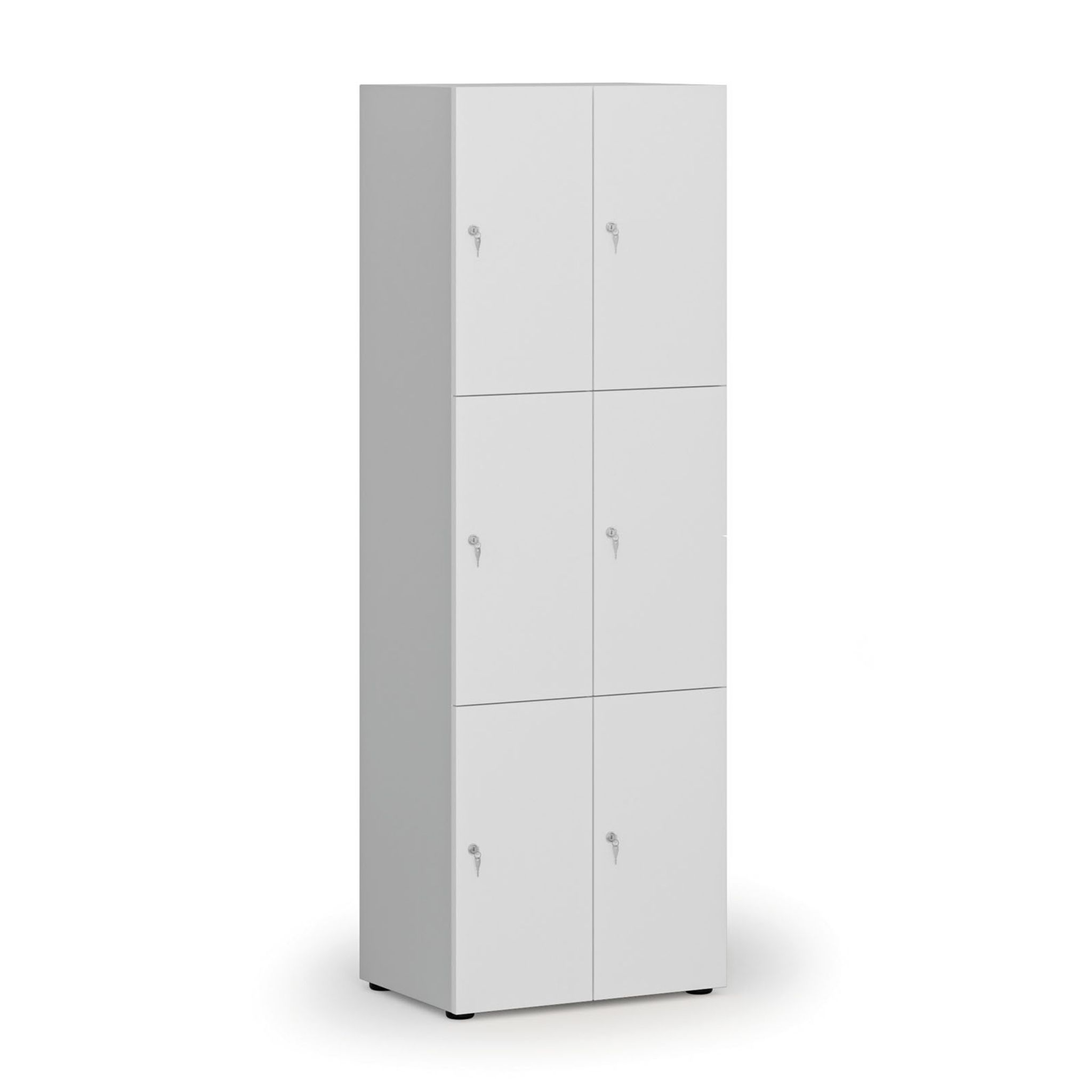 Dřevěná šatní skříňka S4 s úložnými boxy, 6 boxů, demont, cylindrický zámek, šedá/bílá