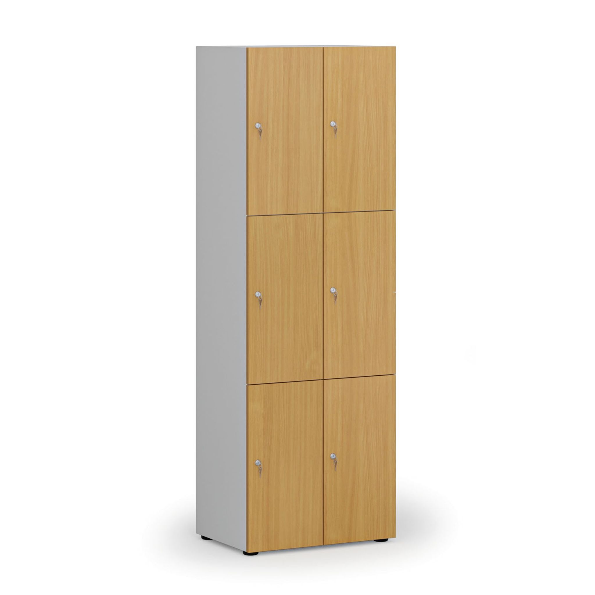 Dřevěná šatní skříňka S4 s úložnými boxy, 6 boxů, demont, cylindrický zámek, šedá/buk