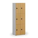 Dřevěná šatní skříňka S4 s úložnými boxy, 6 boxů, demont, kódový zámek, šedá/buk