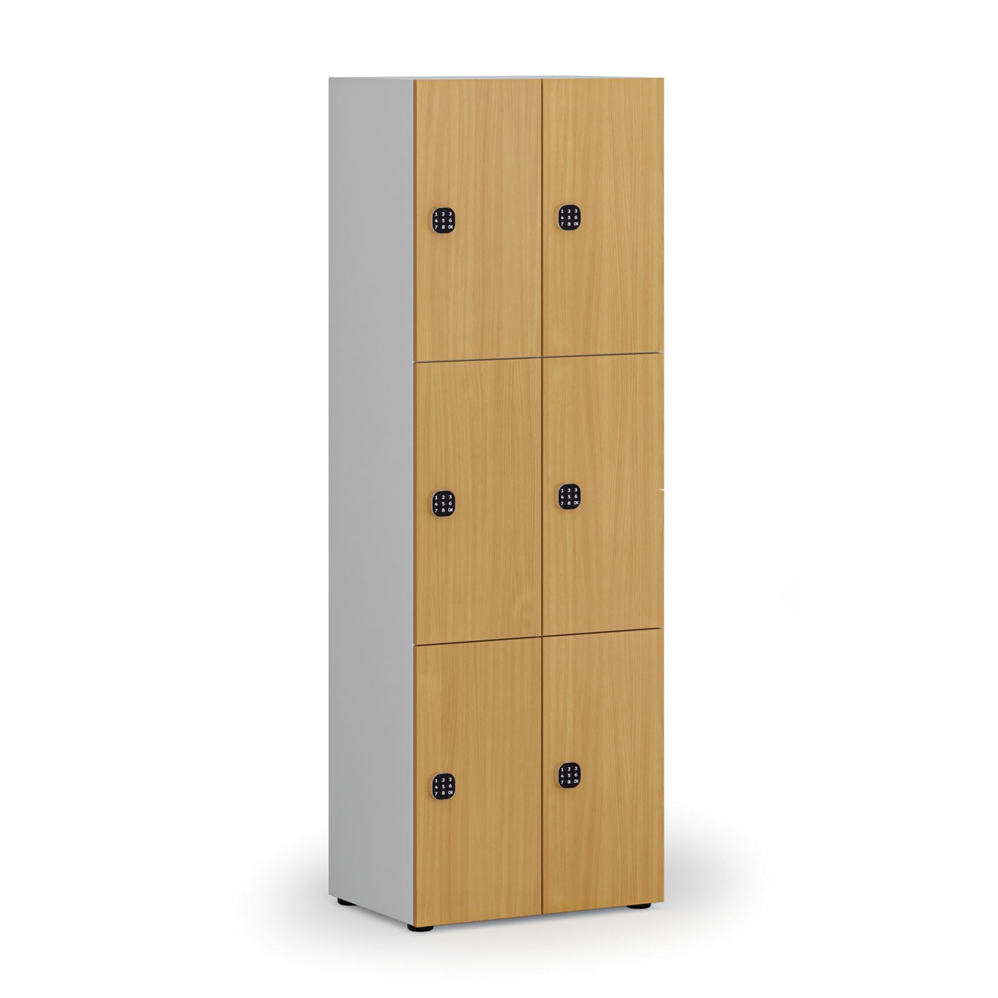 Dřevěná šatní skříňka S4 s úložnými boxy, 6 boxů, demont, kódový zámek, šedá/buk