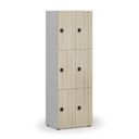 Dřevěná šatní skříňka S4 s úložnými boxy, 6 boxů, demont, kódový zámek, šedá/dub přírodní
