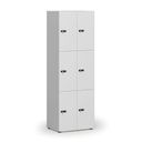 Dřevěná šatní skříňka S4 s úložnými boxy, 6 boxů, demont, mechanický kódový zámek, šedá/bílá