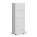 Dřevěná šatní skříňka S4 s úložnými boxy, 8 boxů, demont, cylindrický zámek, šedá/bílá