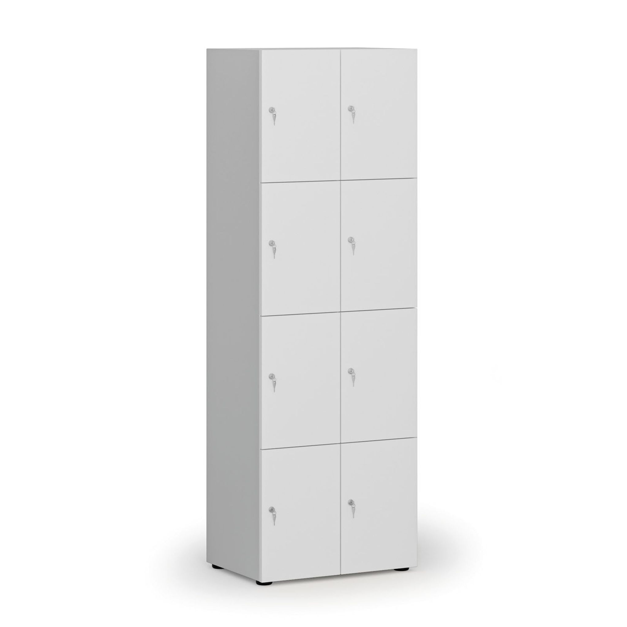 Dřevěná šatní skříňka S4 s úložnými boxy, 8 boxů, demont, cylindrický zámek, šedá/bílá