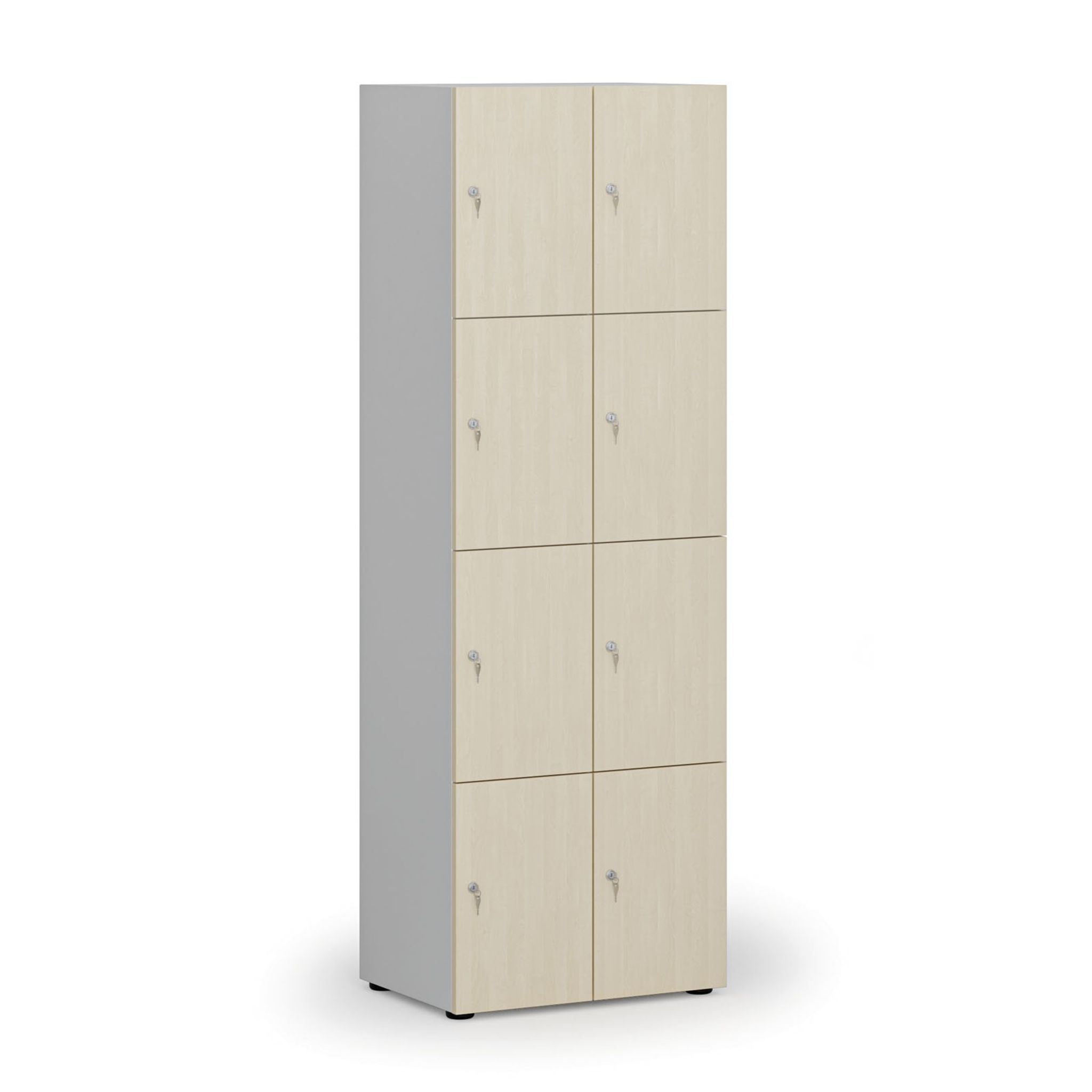 Dřevěná šatní skříňka S4 s úložnými boxy, 8 boxů, demont, cylindrický zámek