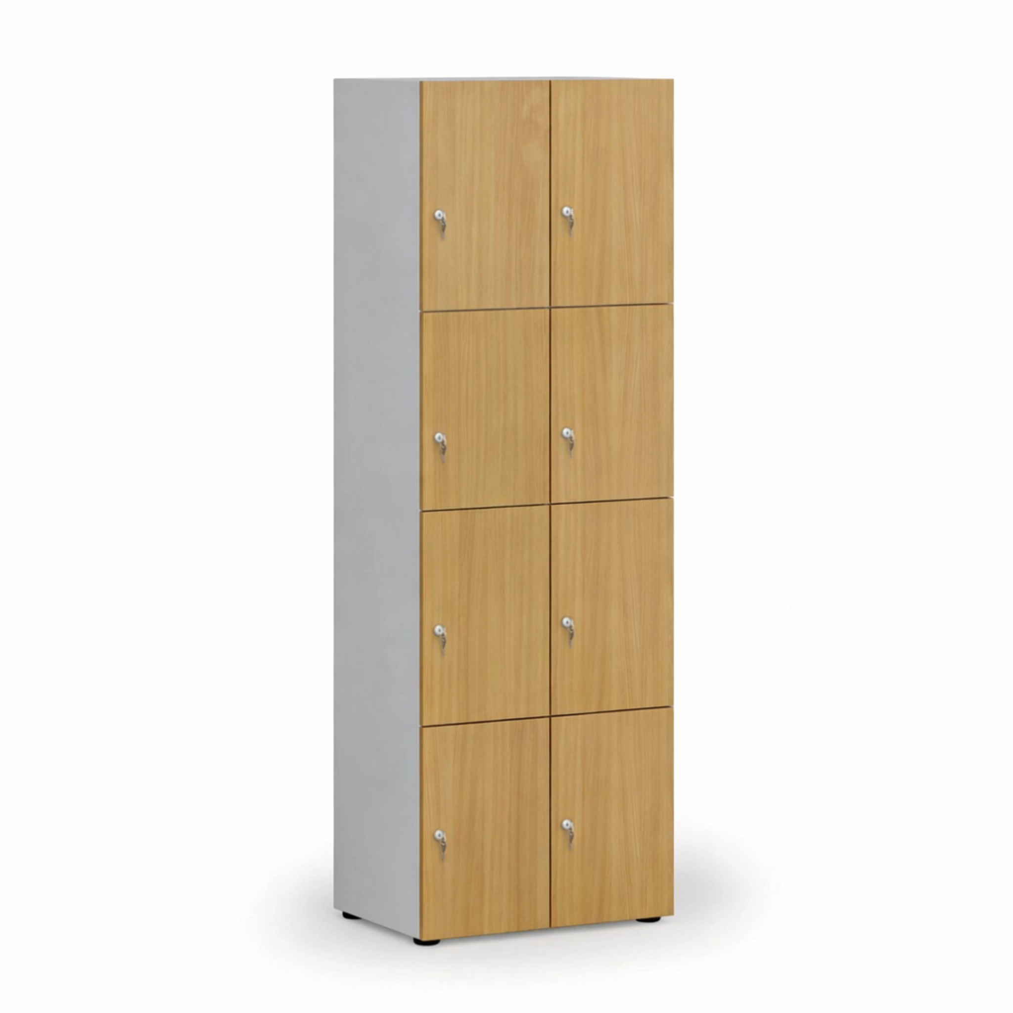 Dřevěná šatní skříňka S4 s úložnými boxy, 8 boxů, demont, cylindrický zámek, šedá/buk