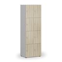 Dřevěná šatní skříňka S4 s úložnými boxy, 8 boxů, demont, cylindrický zámek, šedá/dub přírodní