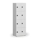 Dřevěná šatní skříňka S4 s úložnými boxy, 8 boxů, demont, kódový zámek, šedá/bílá