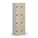 Dřevěná šatní skříňka S4 s úložnými boxy, 8 boxů, demont, kódový zámek, šedá/dub přírodní