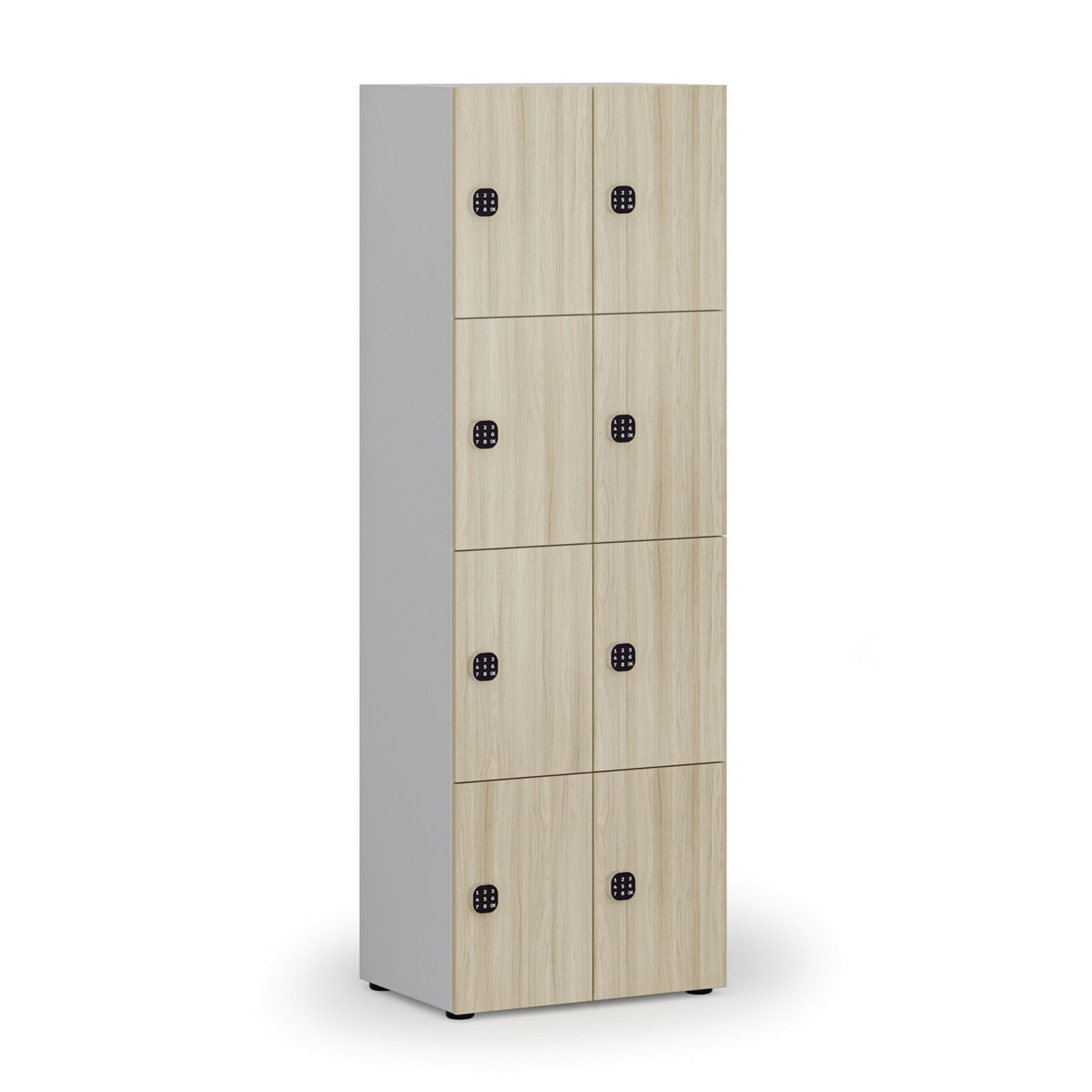 Dřevěná šatní skříňka S4 s úložnými boxy, 8 boxů, demont, kódový zámek, šedá/dub přírodní