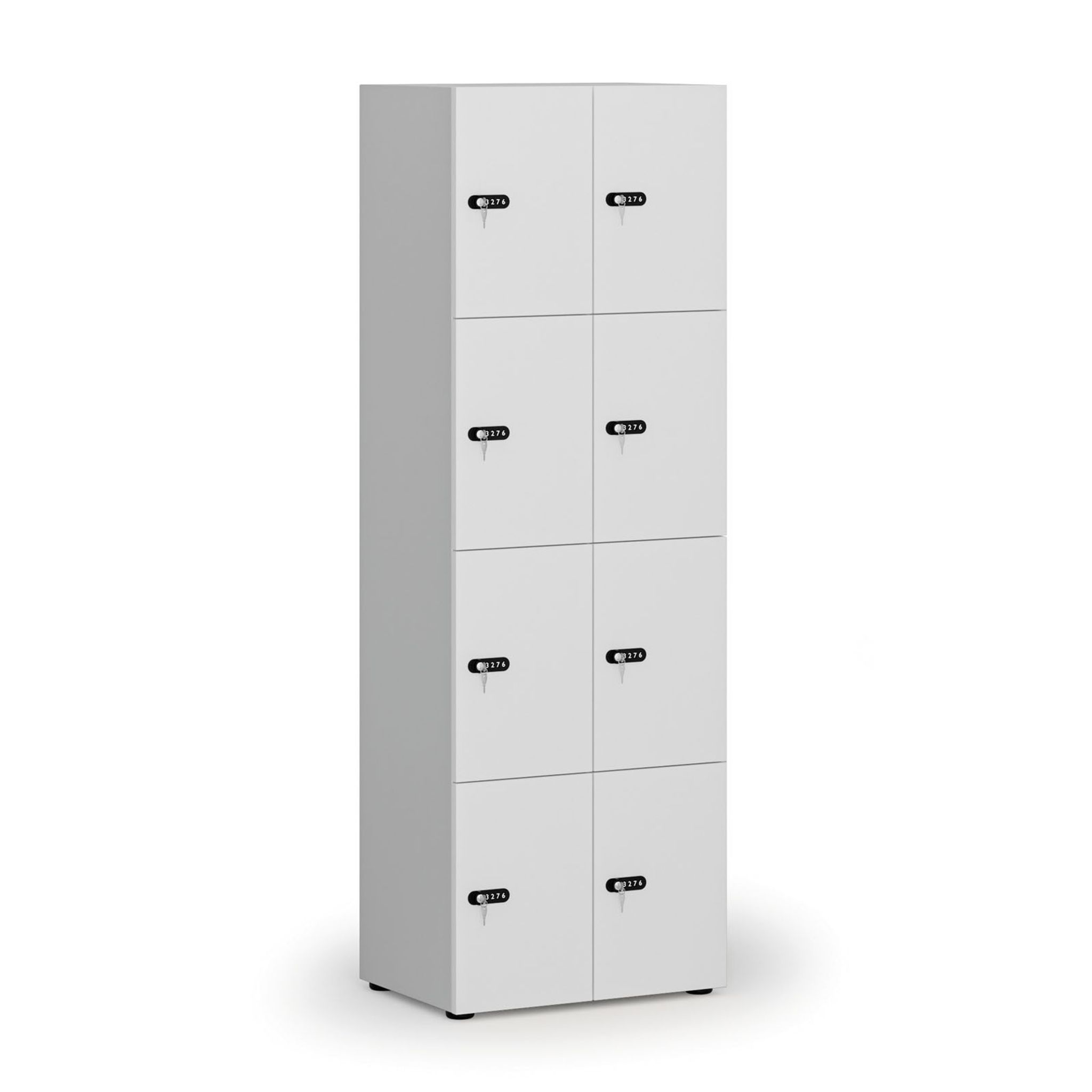 Dřevěná šatní skříňka S4 s úložnými boxy, 8 boxů, demont, mechanický kódový zámek, šedá/bílá