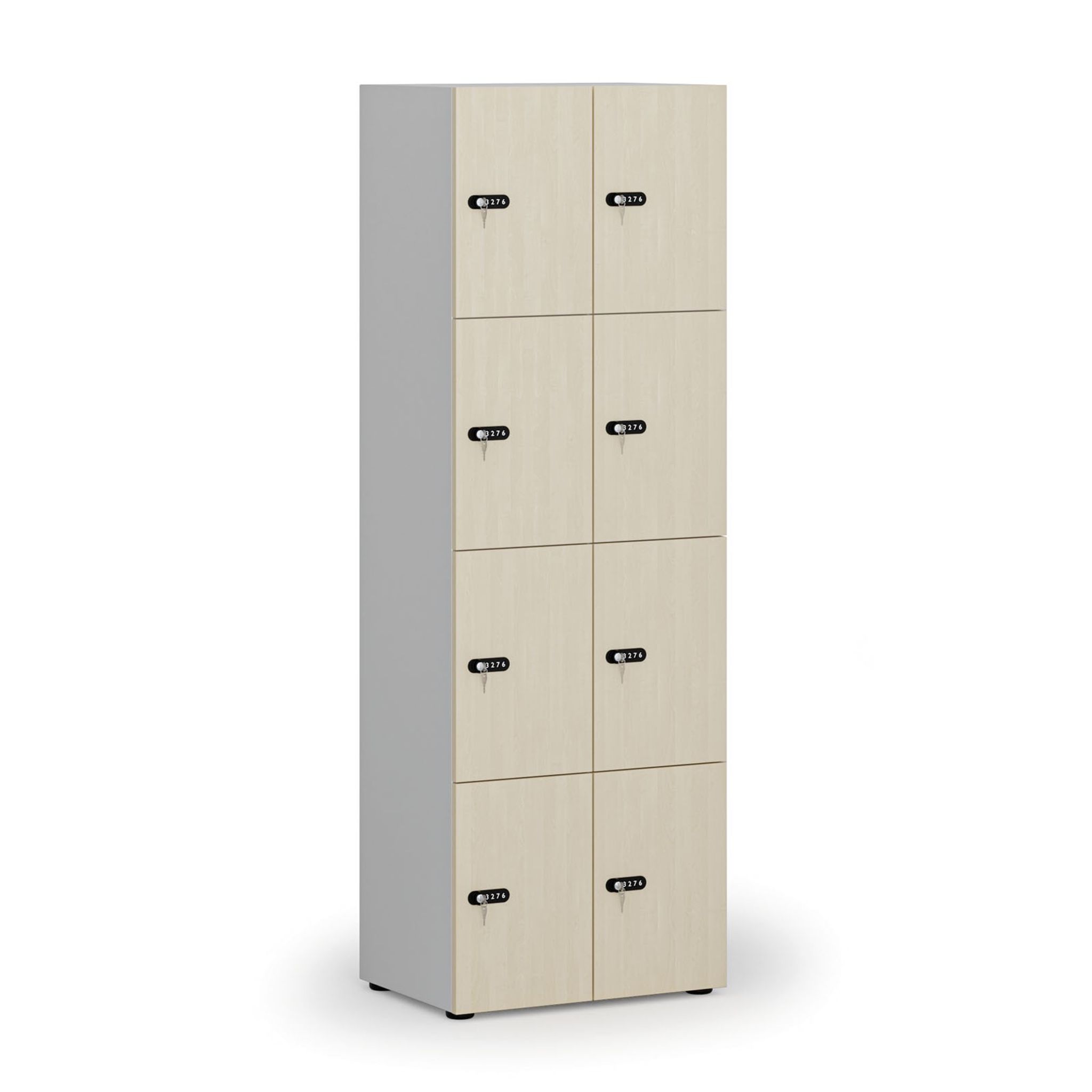 Dřevěná šatní skříňka S4 s úložnými boxy, 8 boxů, demont, mechanický kódový zámek