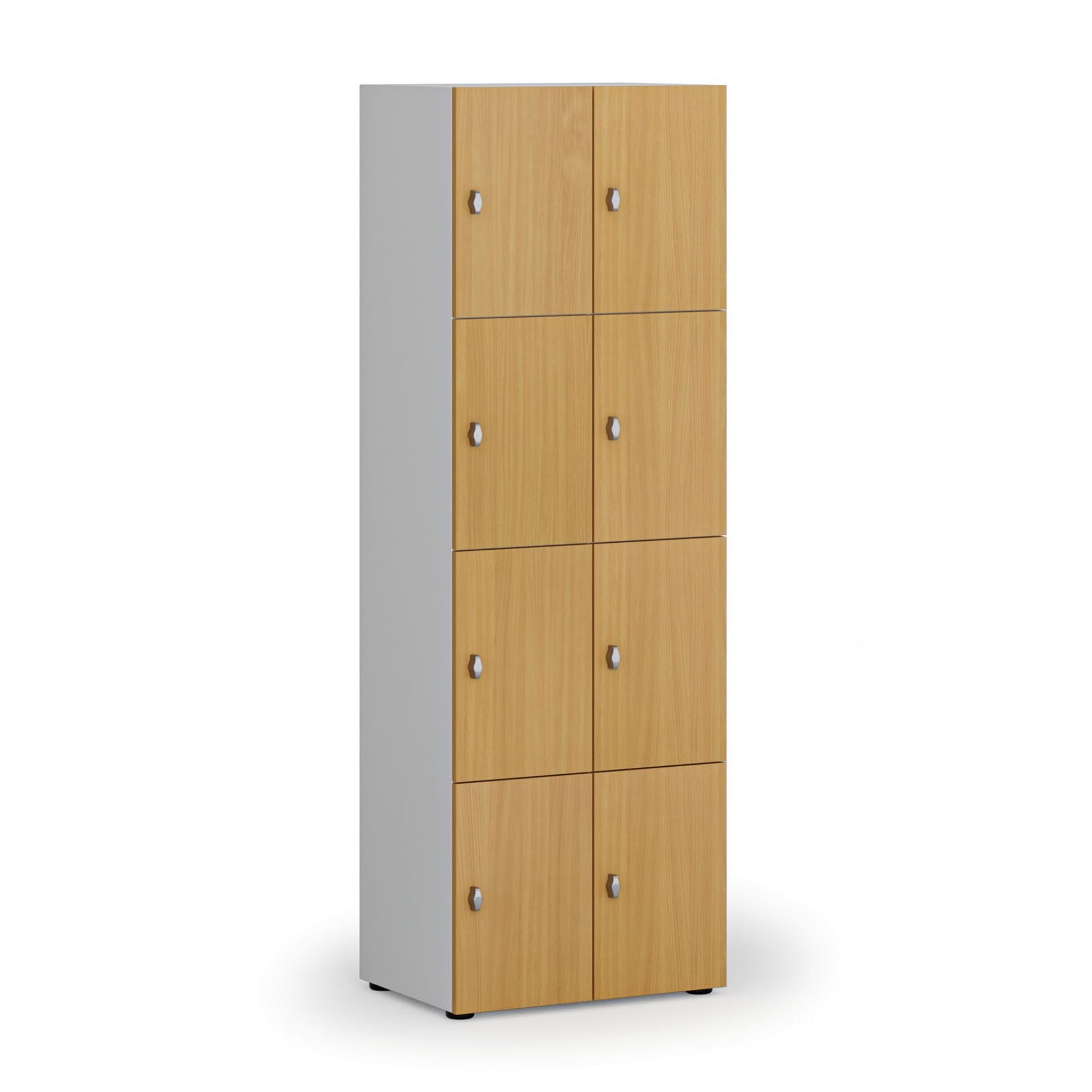 Dřevěná šatní skříňka S4 s úložnými boxy, 8 boxů, demont, otočný zámek, šedá/buk