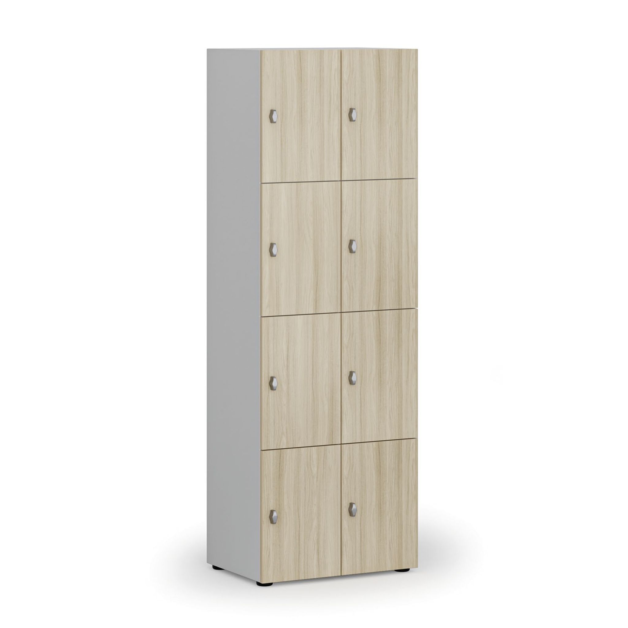Dřevěná šatní skříňka S4 s úložnými boxy, 8 boxů, demont, otočný zámek, šedá/dub přírodní