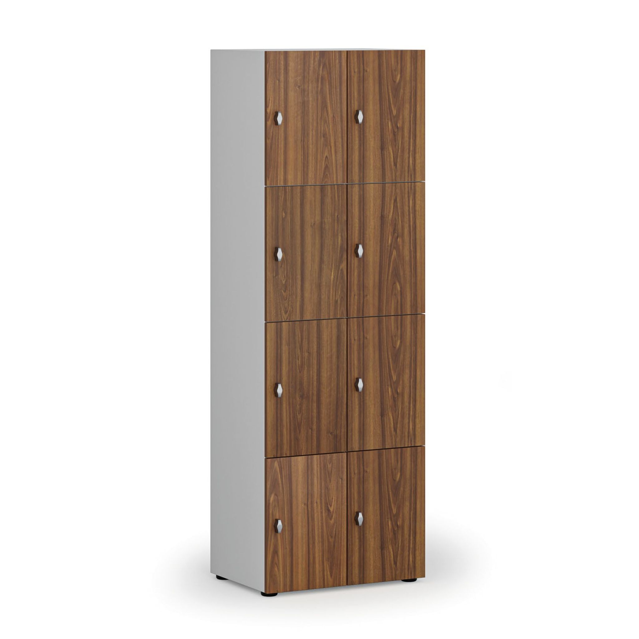 Dřevěná šatní skříňka S4 s úložnými boxy, 8 boxů, demont, otočný zámek, šedá/ořech