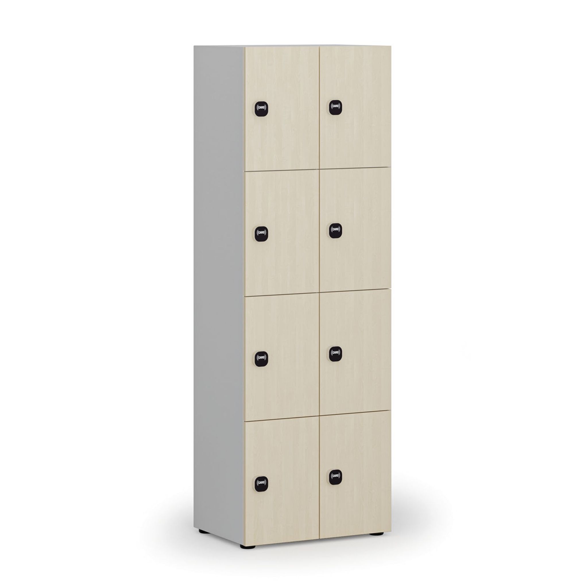 Dřevěná šatní skříňka S4 s úložnými boxy, 8 boxů, demont, RFID zámek