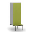 Drevená šatníková skrinka s lavičkou, 2 oddiely, cylindrický zámok, sivá/zelená