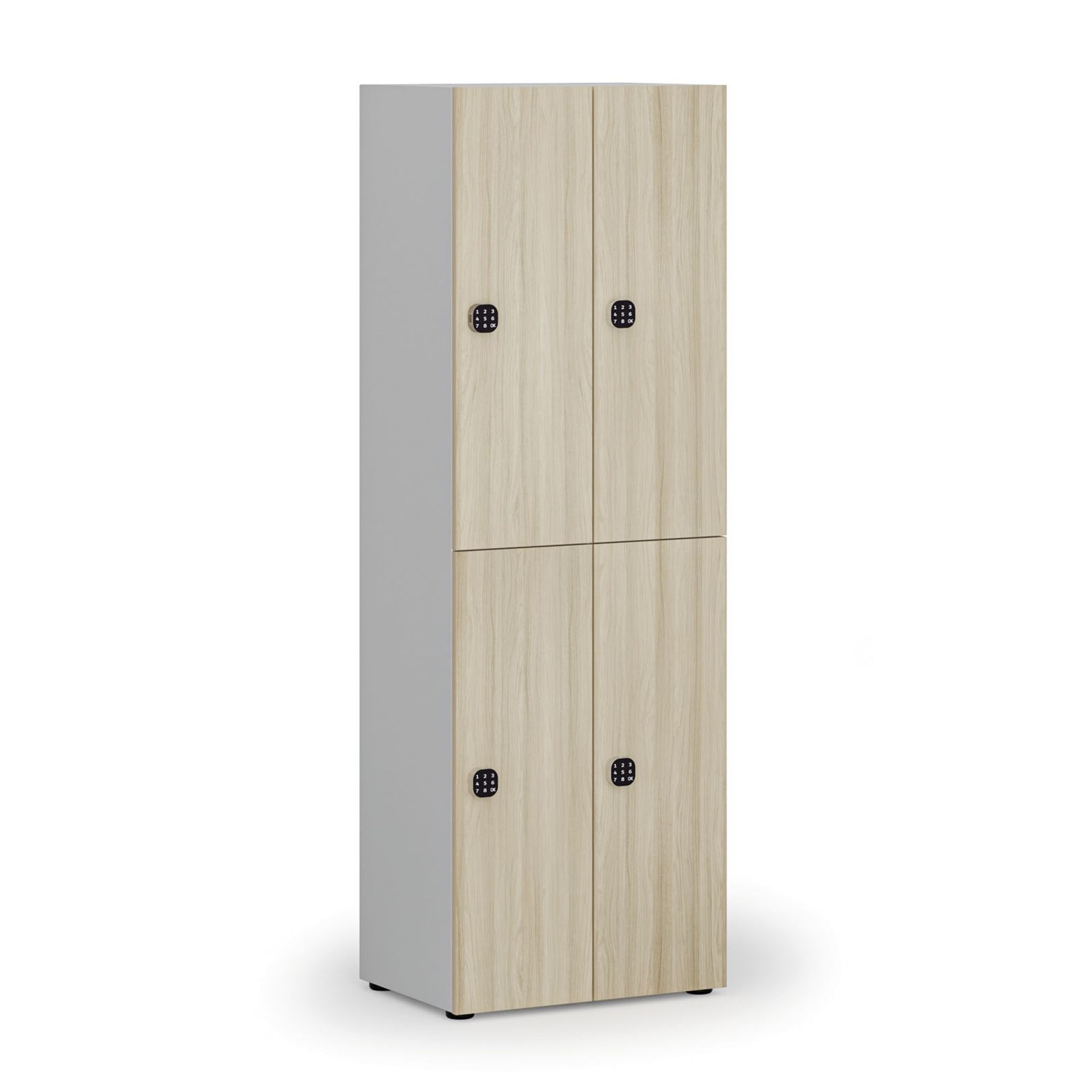 Drevená šatníková skrinka s úložnými boxmi, 4 boxy, demont, kódový zámok, sivá/dub prírodný