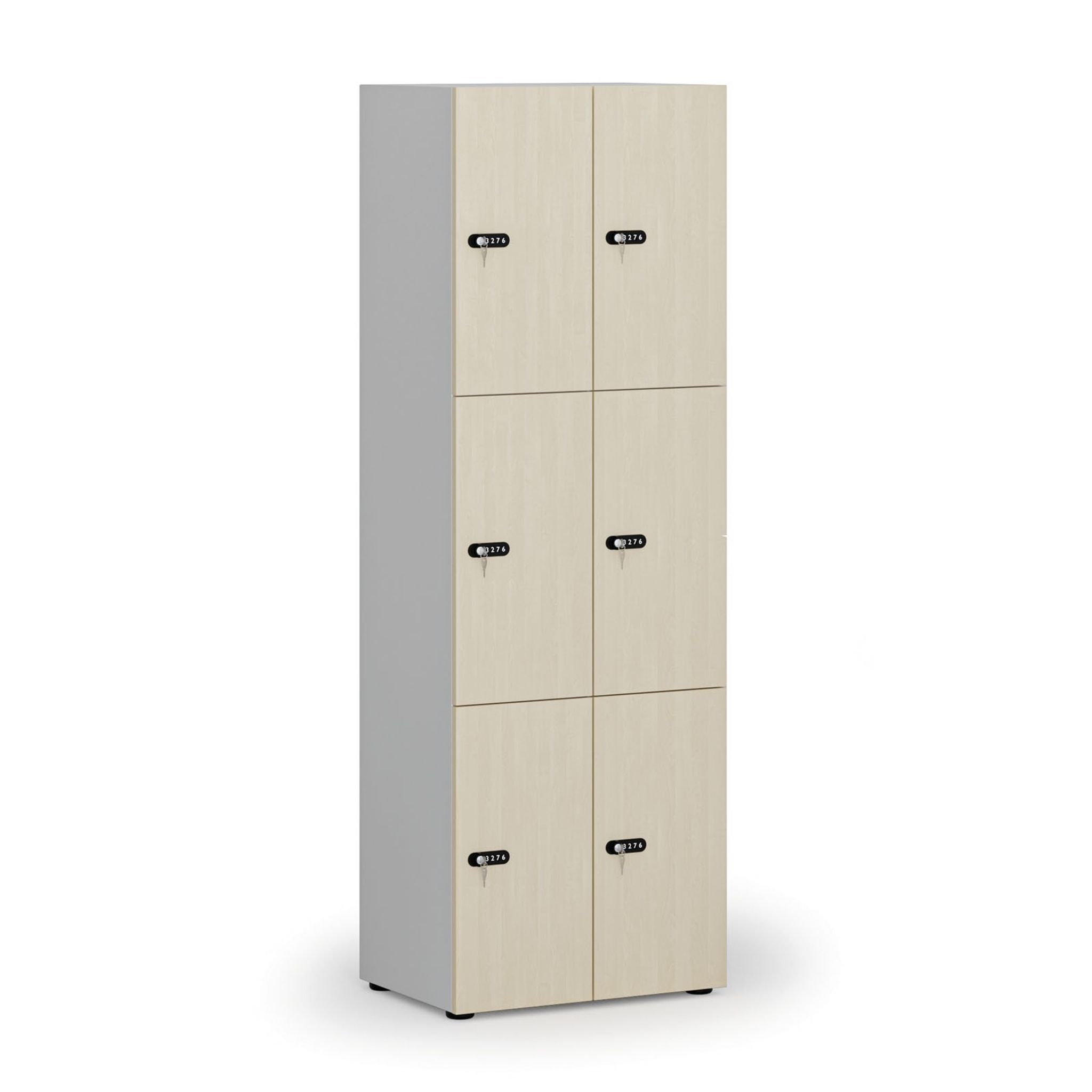 Drevená šatníková skrinka s úložnými boxmi, 6 boxov, mechanický kódový zámok