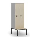 Drevená šatníková skrinka S4 s lavičkou, 2 oddiely, 1871 x 600 x 500/800 mm, demont, RFID zámok, sivá/breza