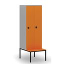 Drevená šatníková skrinka S4 s lavičkou, 2 oddiely, 1871 x 600 x 500/800 mm, demont, RFID zámok, sivá / oranžová