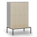 Drevená šatníková skrinka S4 s lavičkou, 4 oddiely, 1871 x 1200 x 500/800 mm, demont, cylindrický zámok, sivá/breza
