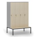 Drevená šatníková skrinka S4 s lavičkou, 4 oddiely, 1871 x 1200 x 500/800 mm, demont, otočný zámok, sivá/breza