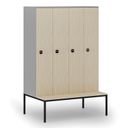 Drevená šatníková skrinka S4 s lavičkou, 4 oddiely, 1871 x 1200 x 500/800 mm, demont, RFID zámok, sivá/breza