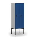 Drevená šatníková skrinka S4 s podnožou, 2 oddiely, 1871 x 600 x 500 mm, demont, RFID zámok, sivá / modrá