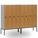 Drevená šatníková skrinka S4 s podnožou, 4 oddiely, 1871 x 1200 x 500 mm, demont, kódový zámok, sivá / modrá