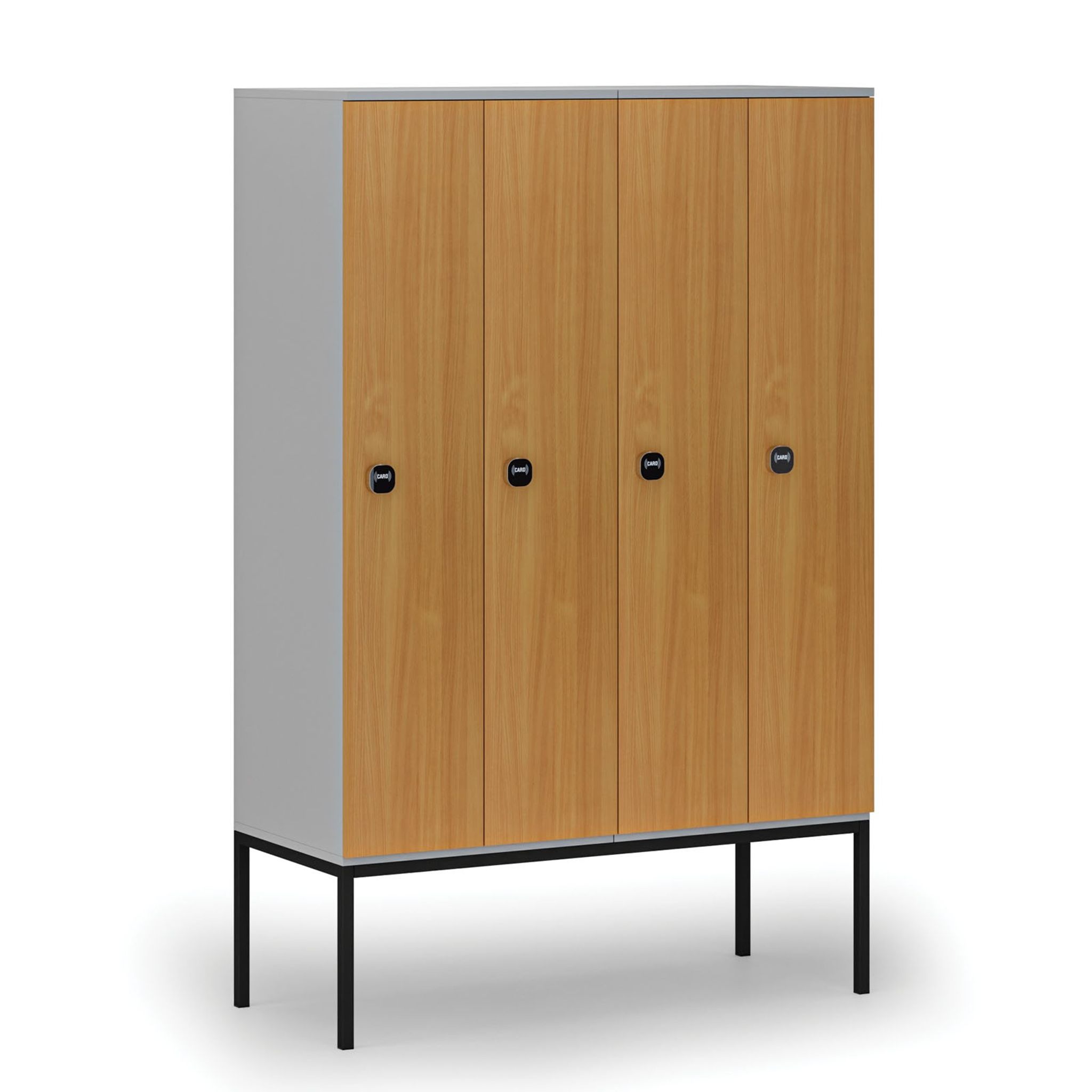 Drevená šatníková skrinka S4 s podnožou, 4 oddiely, 1871 x 1200 x 500 mm, demont, RFID zámok, sivá/buk