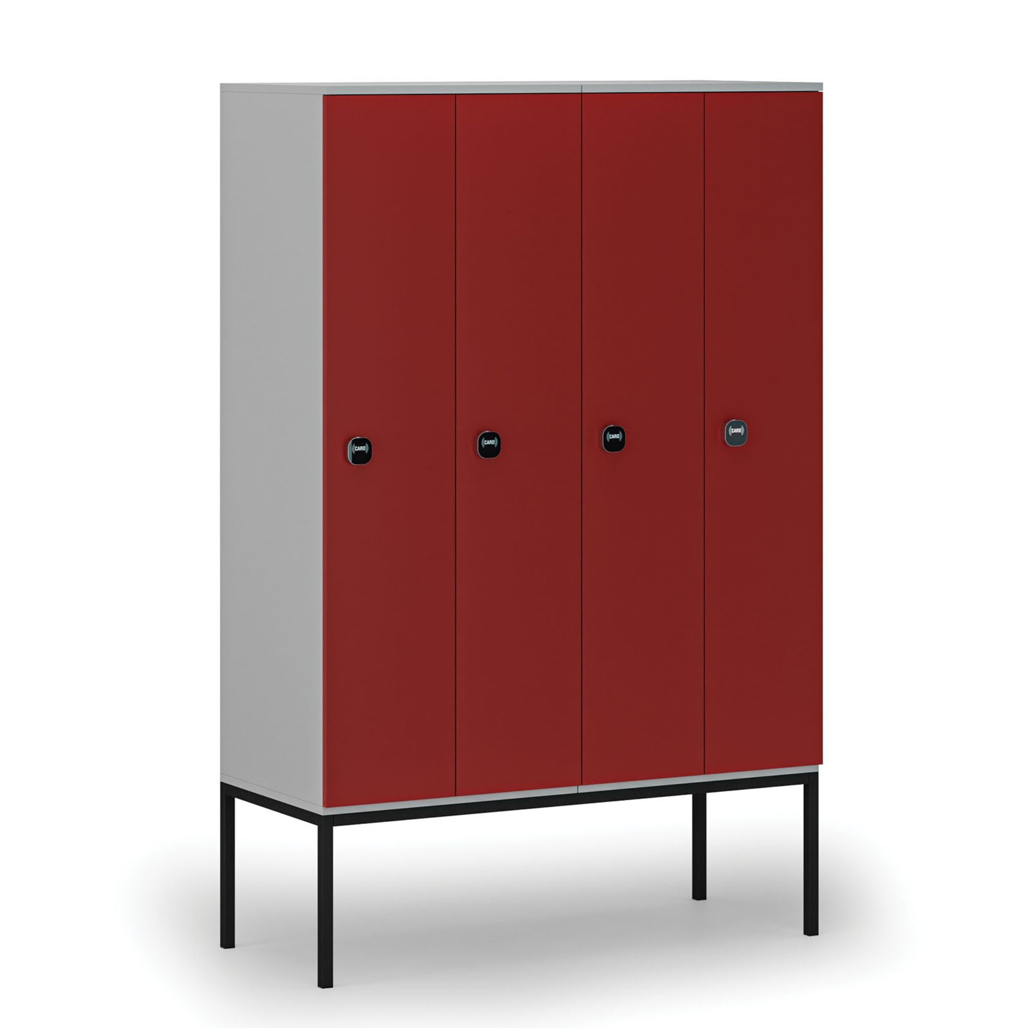 Drevená šatníková skrinka S4 s podnožou, 4 oddiely, 1871 x 1200 x 500 mm, demont, RFID zámok, sivá / červená