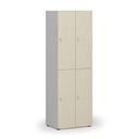Drevená šatníková skrinka S4 s úložnými boxmi, 4 boxy, demont, cylindrický zámok, sivá/breza