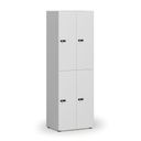 Drevená šatníková skrinka S4 s úložnými boxmi, 4 boxy, demont, mechanický kódový zámok, sivá/biela