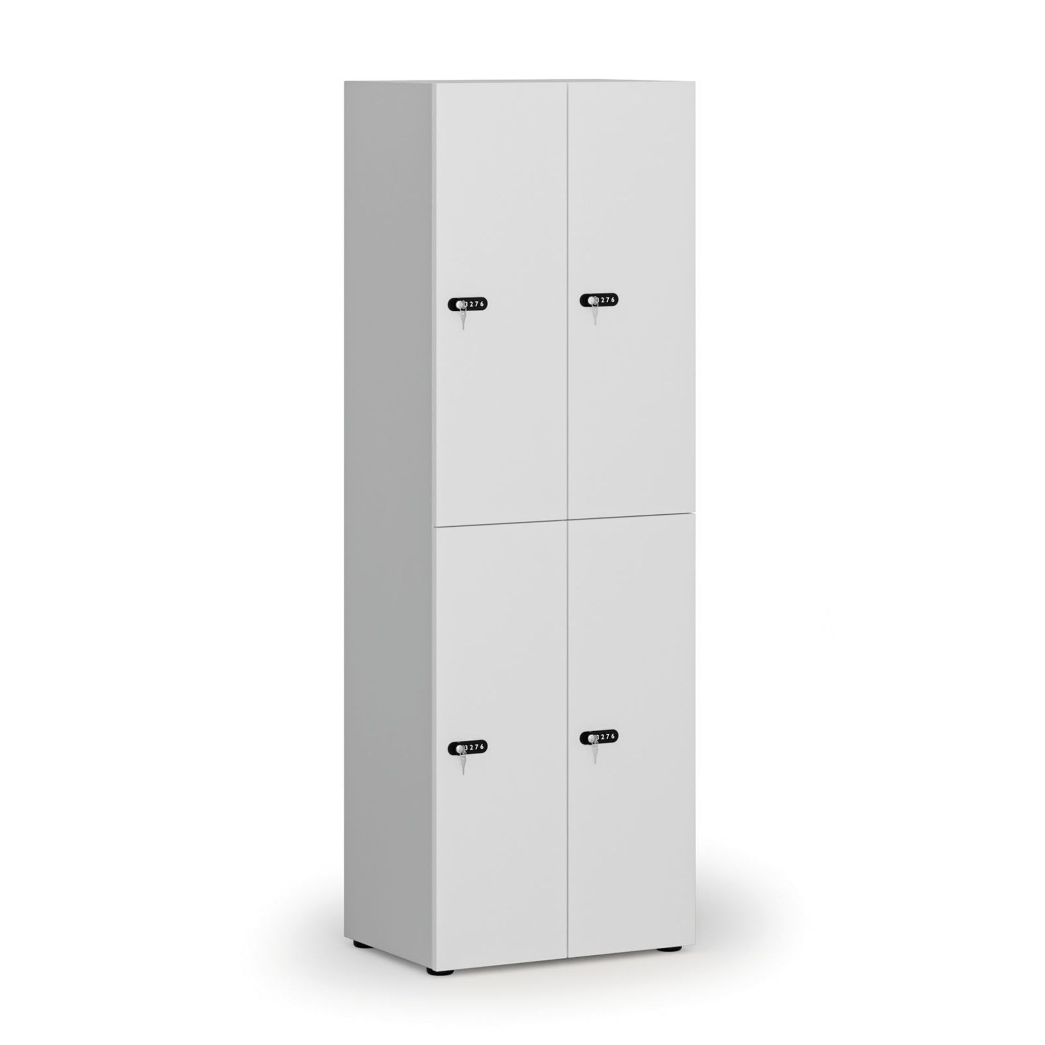 Drevená šatníková skrinka S4 s úložnými boxmi, 4 boxy, demont, mechanický kódový zámok, sivá/biela