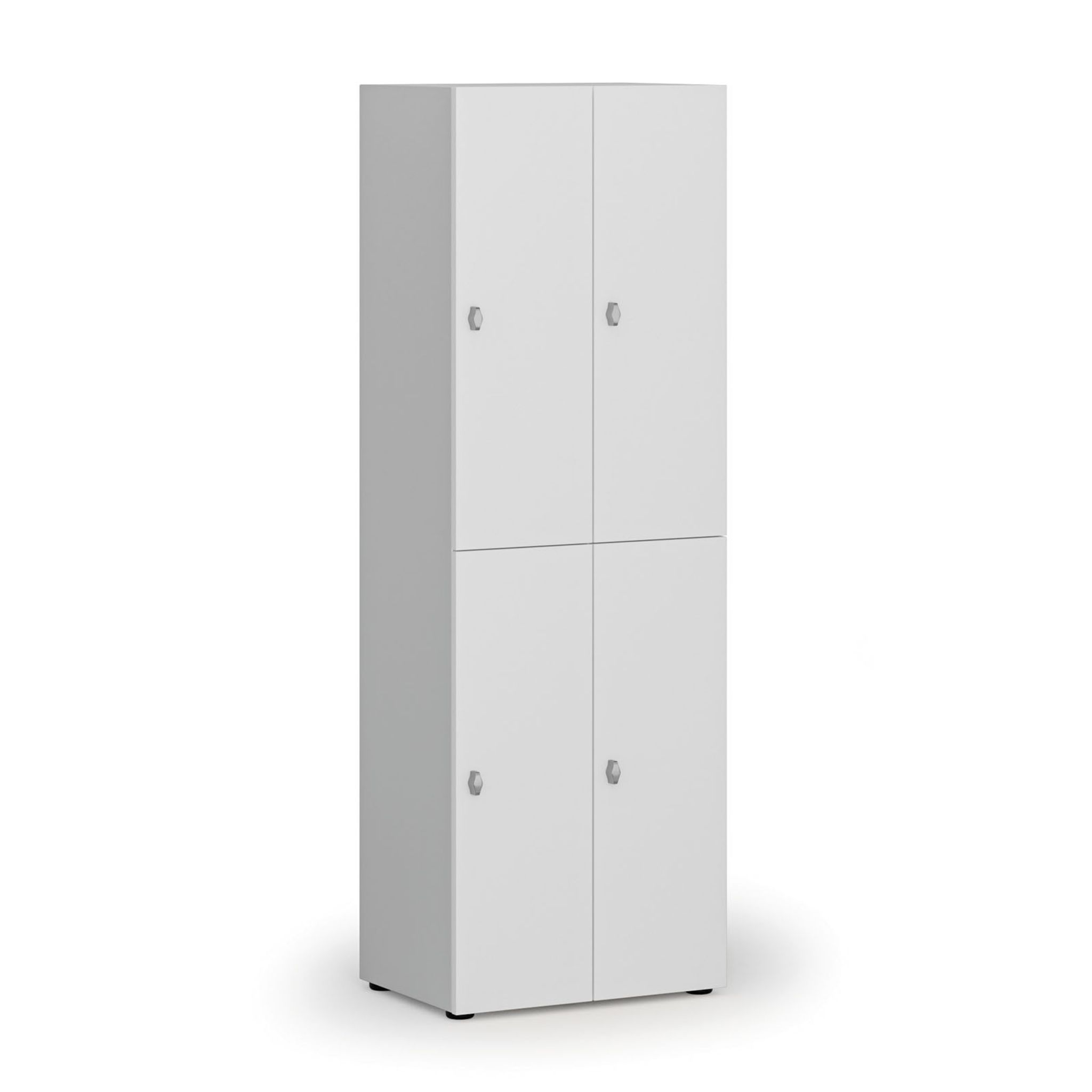 Drevená šatníková skrinka S4 s úložnými boxmi, 4 boxy, demont, otočný zámok, sivá/biela